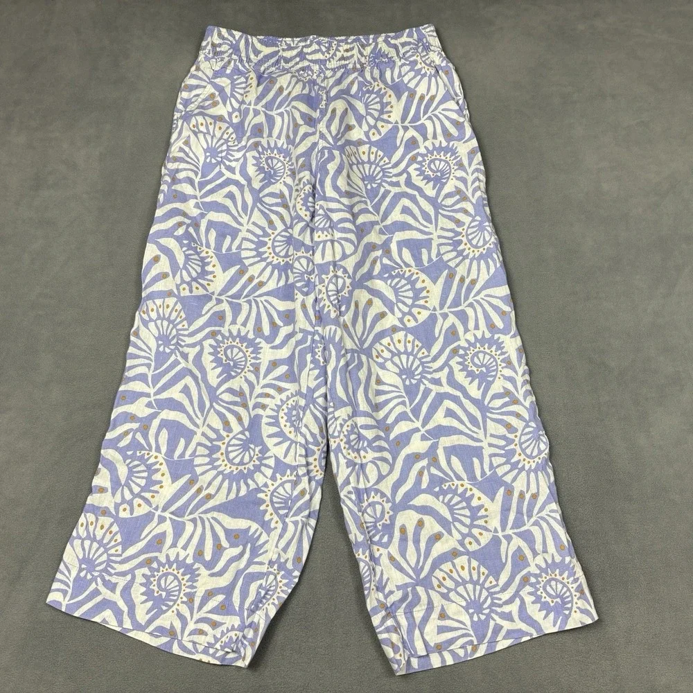 Nicole Miller Medium 100% Linen Crop Pants Blue White Floral Pull On Pockets
